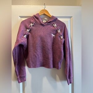 PINK CROPPED HOODIE SIZE XS WITH RAW HEM PURPLE WITH BLEACH DISTRESSING